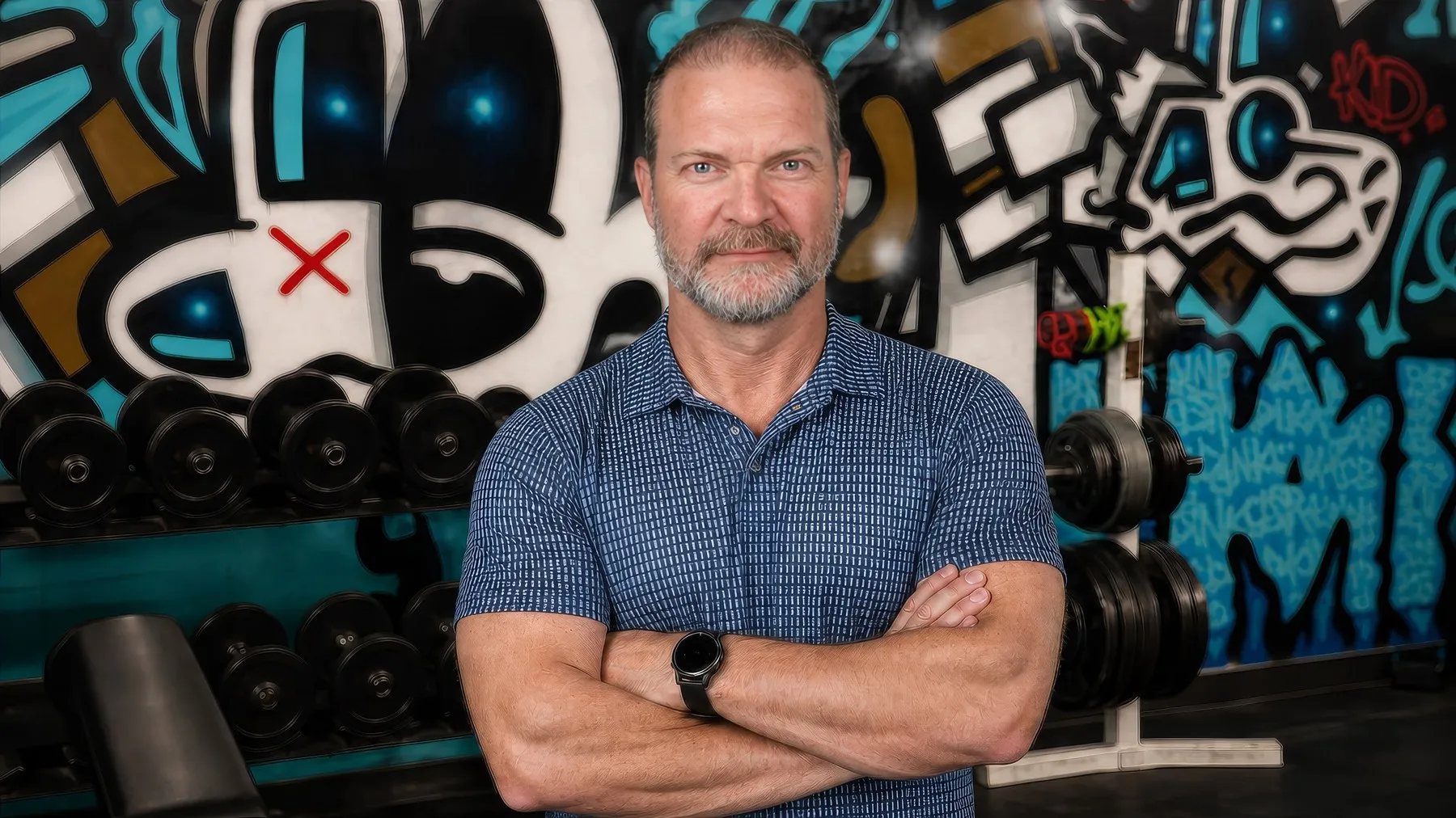 Jamie Atlas, personal trainer and rehab specialist, arms crossed in front of the mural at his downtown Denver studio