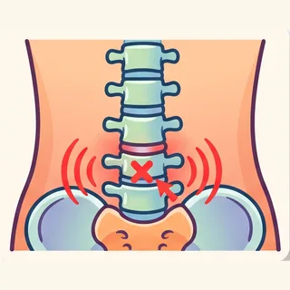 Illustration of the lumbar spine and pelvis with pain signals at the low back