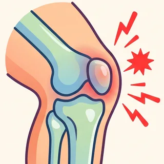 Illustration of the knee joint with pain signals at the kneecap