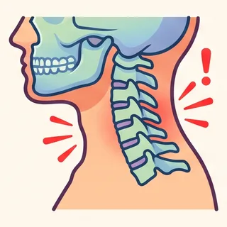 Illustration of the skull and cervical spine with pain signals at the neck