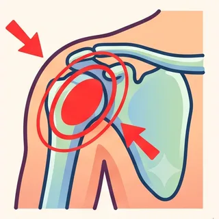 Illustration of the shoulder joint with pain highlighted at the ball and socket